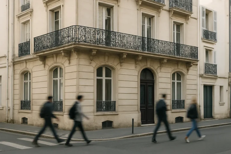 Façade d'immeuble à Vichy, lumière du jour, passants flous