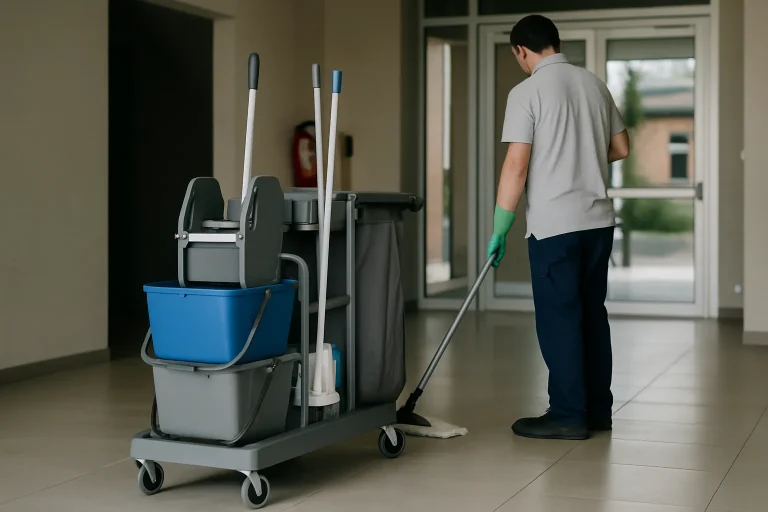 Un technicien de nettoyage en train de nettoyer un appartement à Desertines avec des équipements modernes.