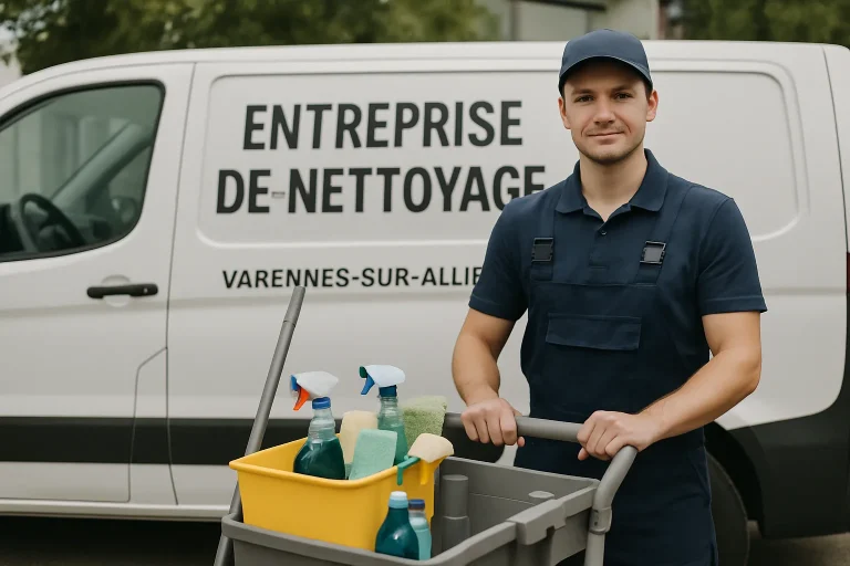 Professionnel du nettoyage à Varennes-sur-Allier nettoyant un bureau avec des produits écologiques.