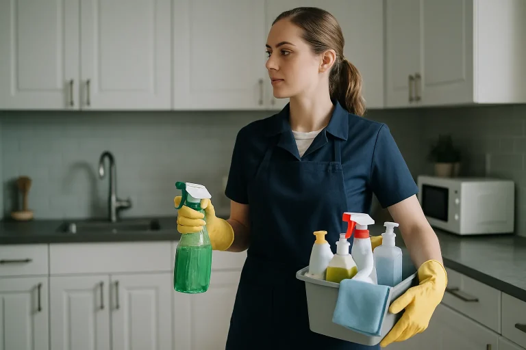 Équipe professionnelle nettoyant un appartement à Vichy avec des produits écologiques.