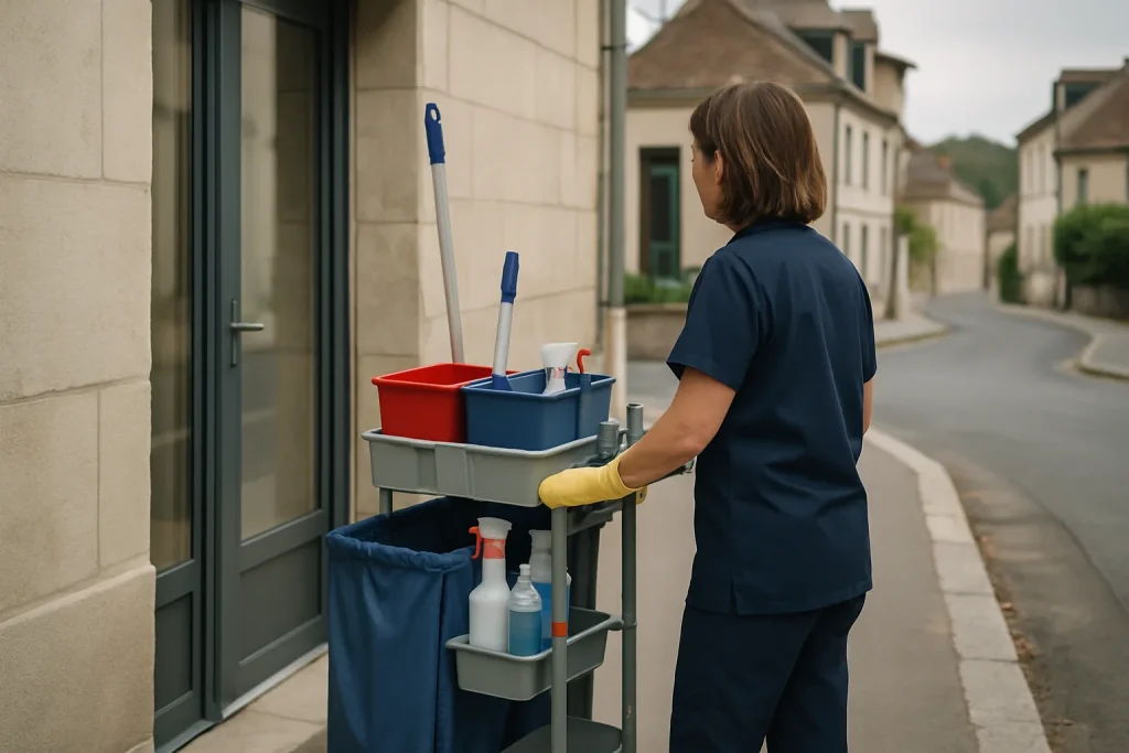 Équipe de nettoyage à Néris-les-Bains nettoyant un appartement insalubre avec des équipements spécialisés.