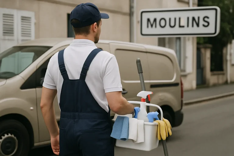 Un agent de nettoyage à MOULINS utilisant des équipements dans un bureau propre et bien organisé.
