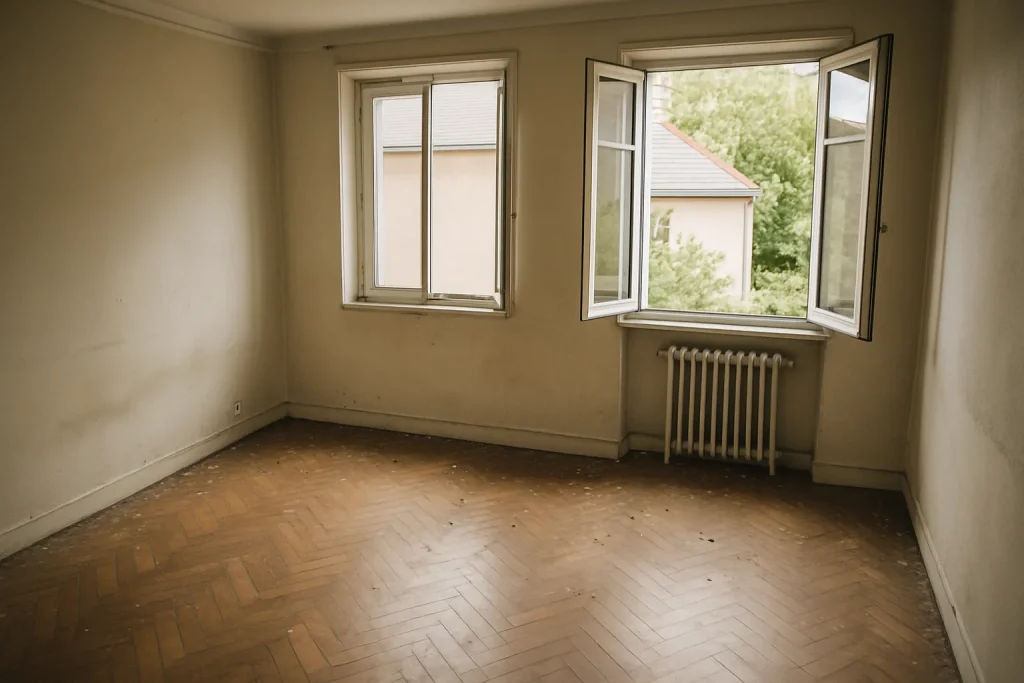 Vue d'un appartement vide à Moulins après une expulsion avec fenêtres ouvertes