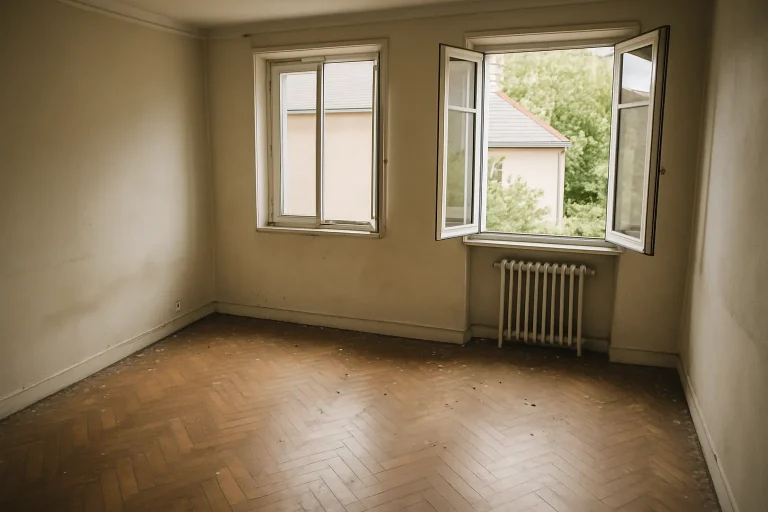 Vue d'un appartement vide à Moulins après une expulsion avec fenêtres ouvertes