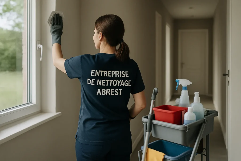 Équipe de nettoyage à Abrest s'occupant d'un appartement avec des produits de nettoyage.