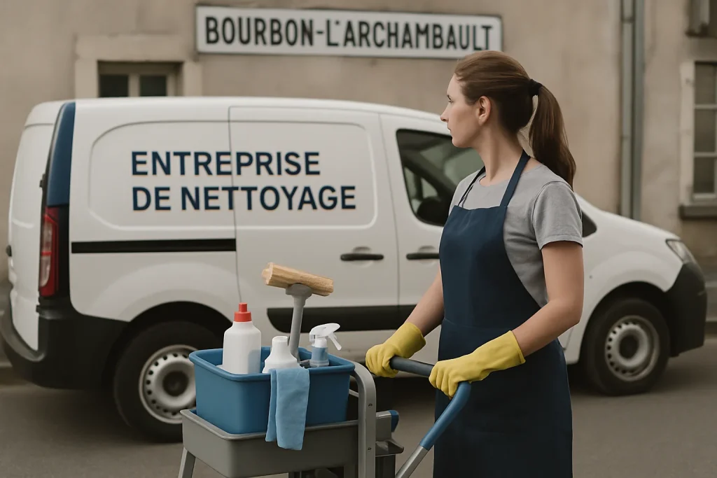 Vue de Bourbon-L'Archambault avec des activités de nettoyage en cours.