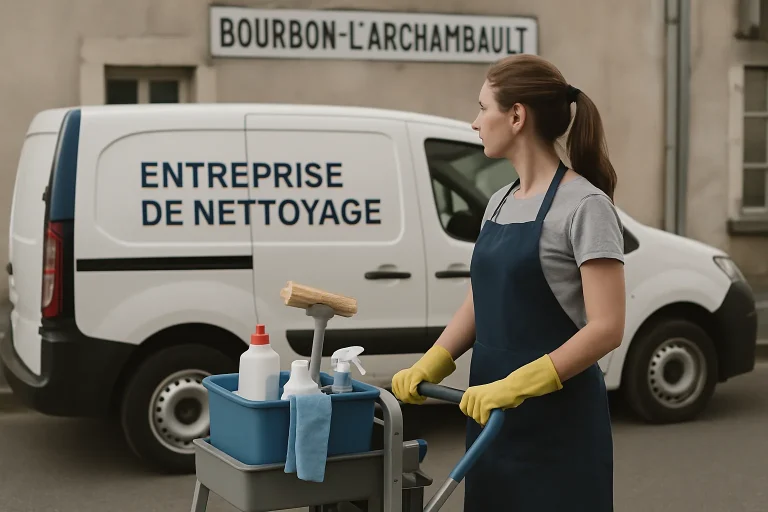 Vue de Bourbon-L'Archambault avec des activités de nettoyage en cours.