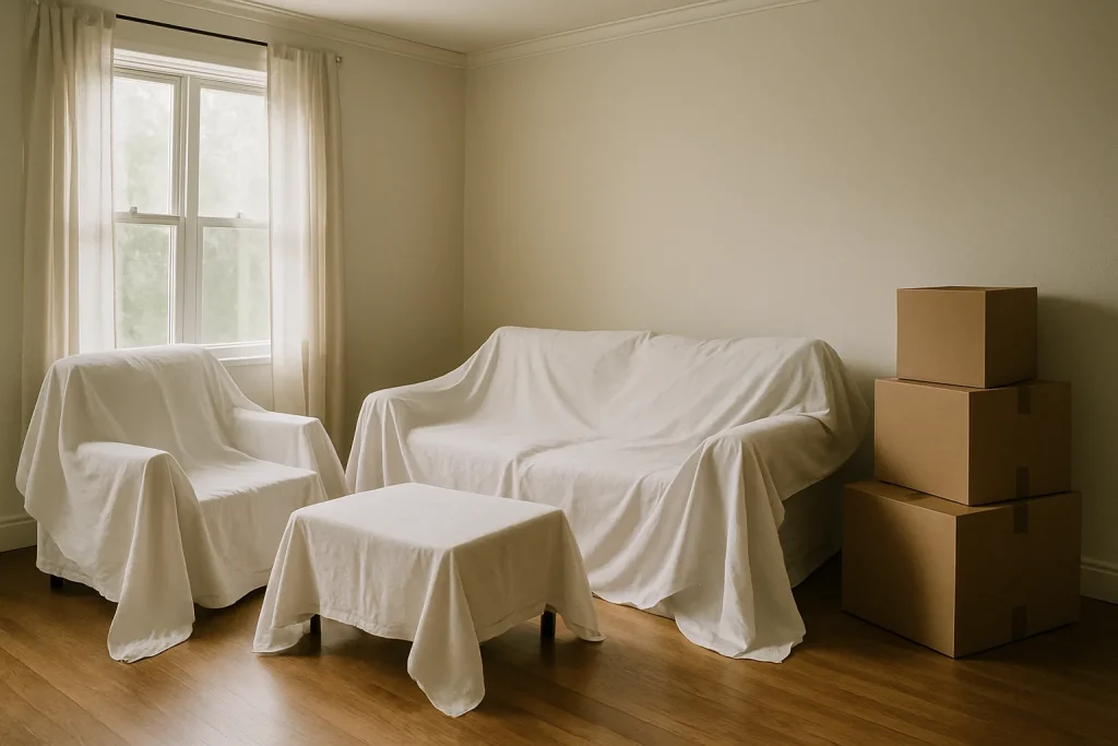 Salon vide avec meubles drapés et cartons, éclairage doux.