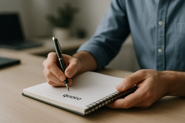 Deux mains tenant un stylo et un carnet sur un bureau, arrière-plan flou
