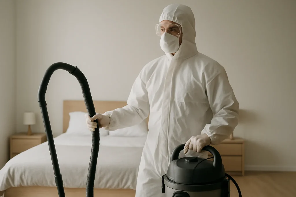 Technicien en combinaison de protection utilisant un aspirateur industriel dans une chambre.