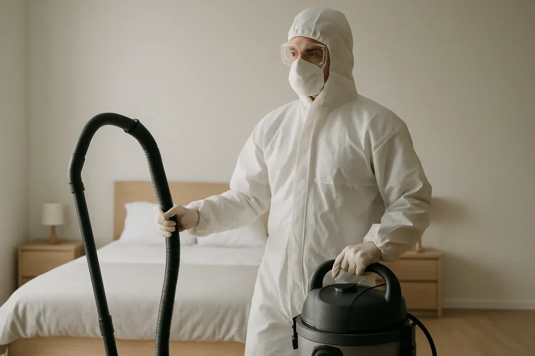 Technicien en combinaison de protection utilisant un aspirateur industriel dans une chambre.