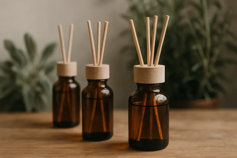 Diffuseurs d'huiles essentielles sur une table en bois avec des plantes en arrière-plan