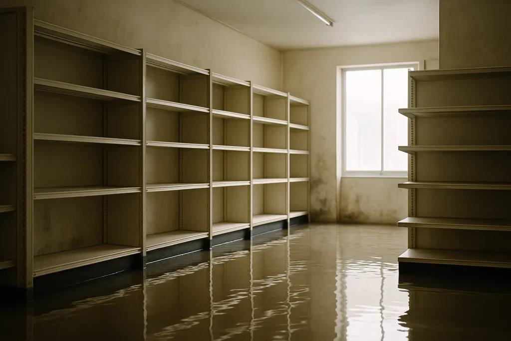 Intérieur d'un commerce avec un sol inondé et des traces d'humidité sur les murs.