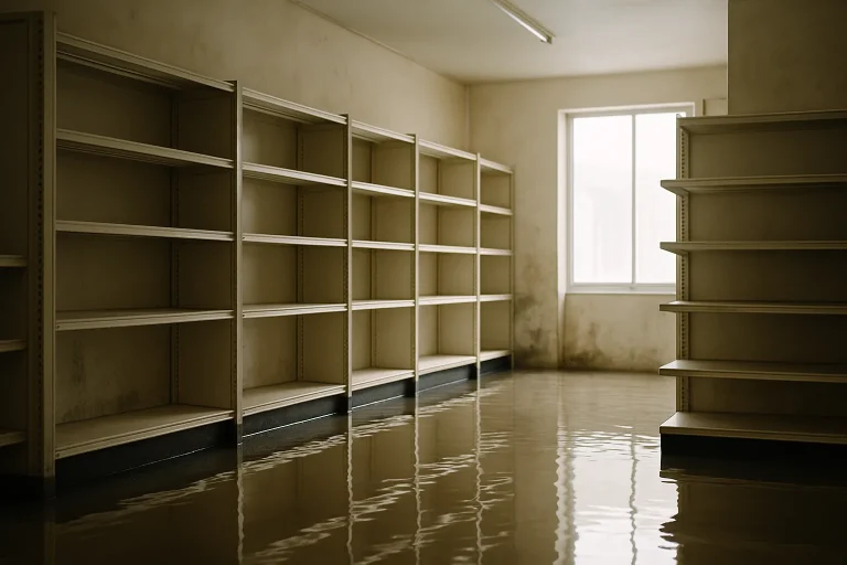 Intérieur d'un commerce avec un sol inondé et des traces d'humidité sur les murs.