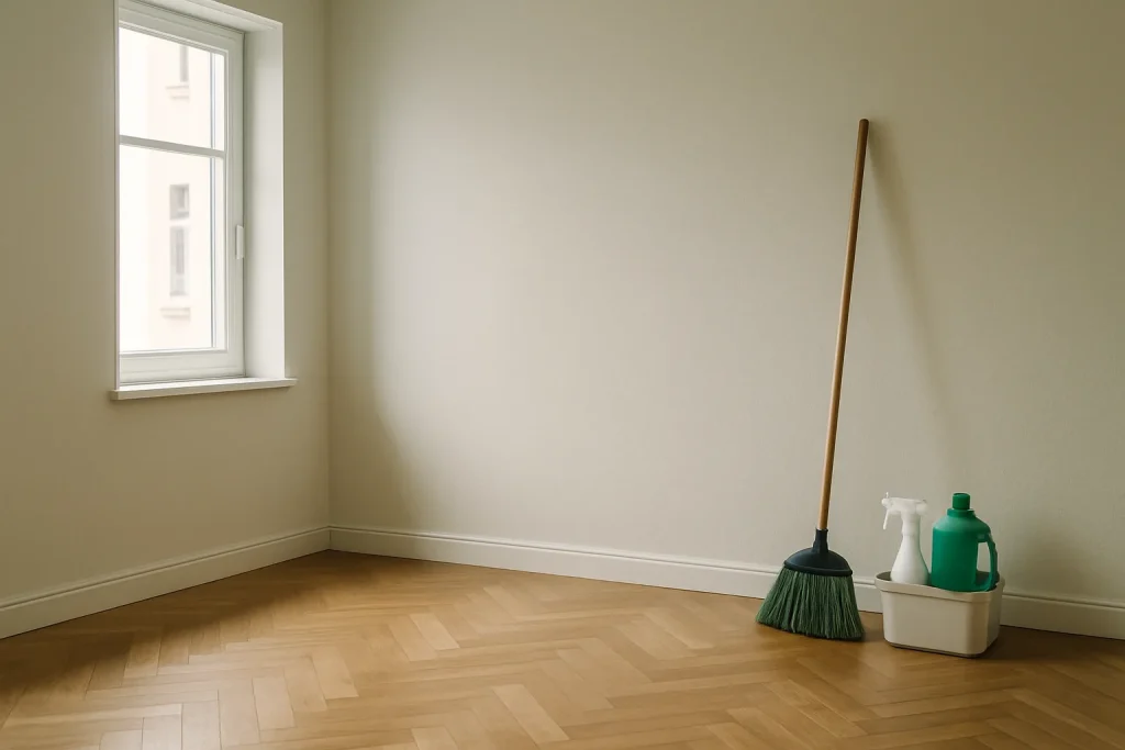Pièce vide avec parquet, balai et produits de nettoyage contre le mur.