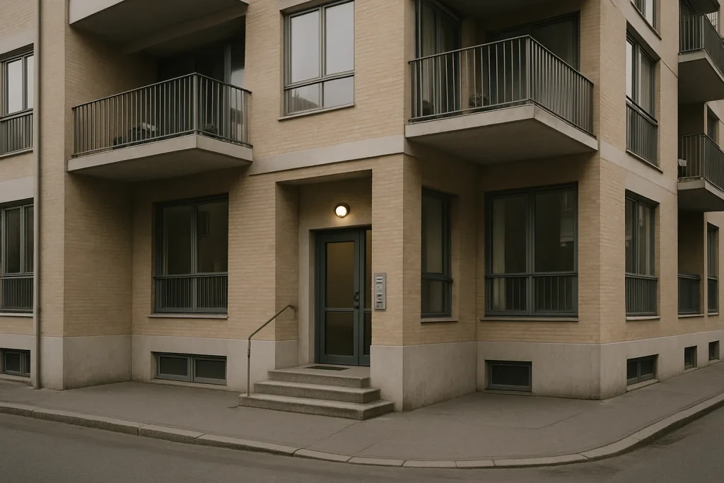 Entrée d'un immeuble et ses parties communes sous la lumière du jour.