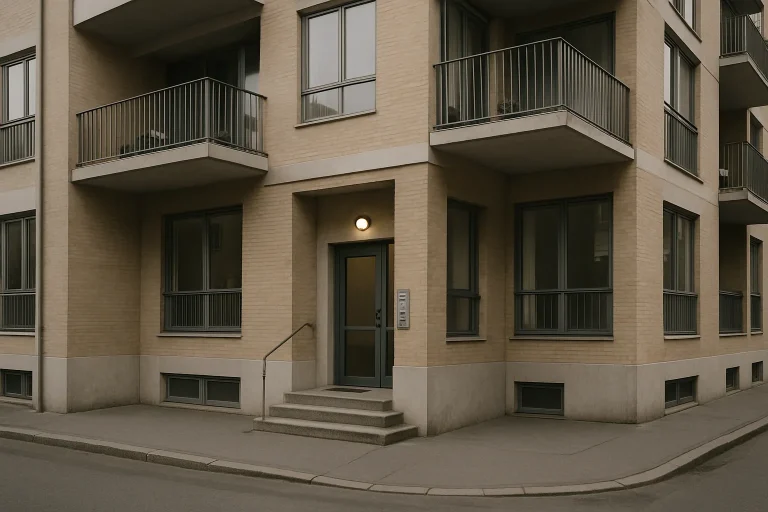 Entrée d'un immeuble et ses parties communes sous la lumière du jour.