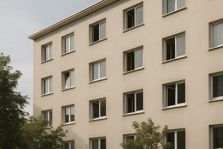 Façade d'un immeuble en copropriété avec fenêtres et arbres, éclairage diurne.