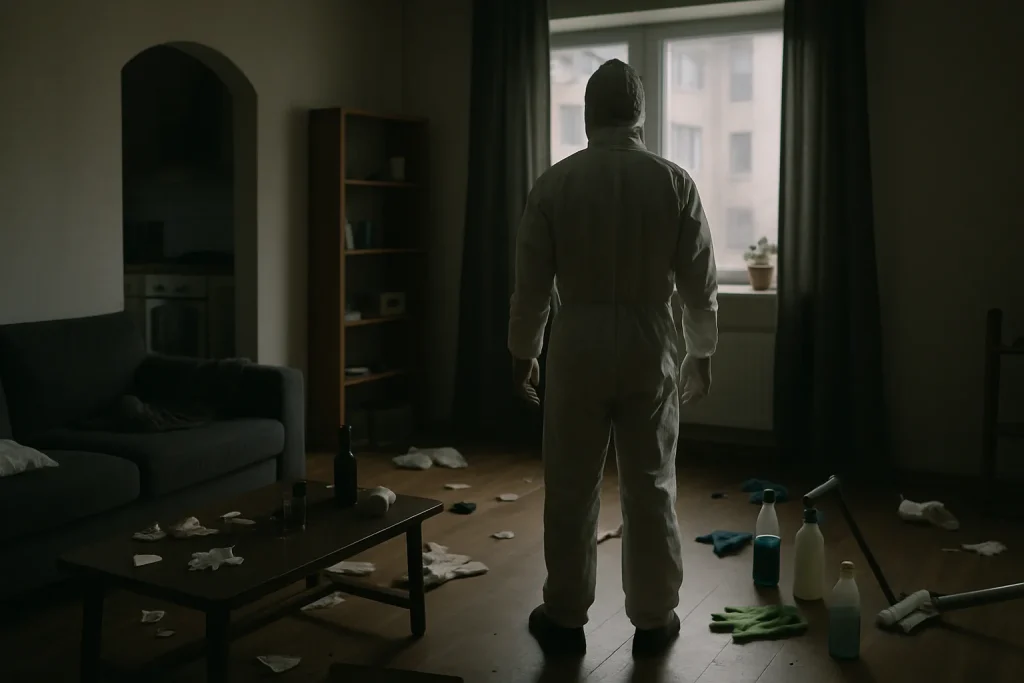 Silhouette en combinaison de protection nettoyant un appartement désordonné après décès.