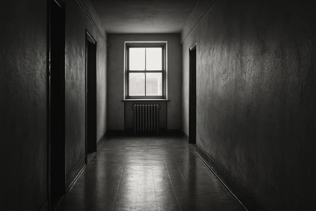 Couloir d'immeuble désert en noir et blanc, lumière douce, sol usé.