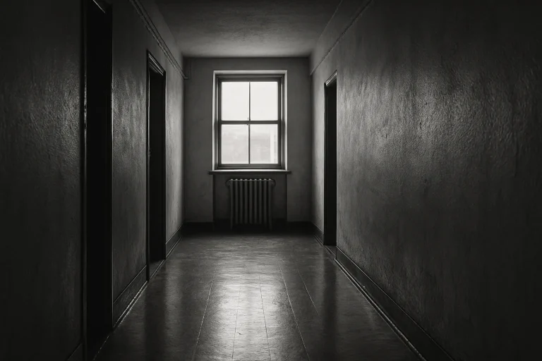 Couloir d'immeuble désert en noir et blanc, lumière douce, sol usé.