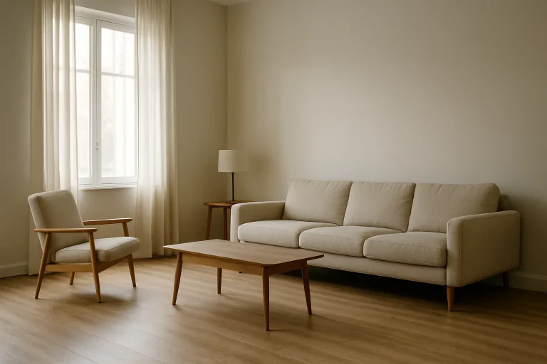Salon vide avec lumière douce, rideaux ouverts, meubles minimalistes.