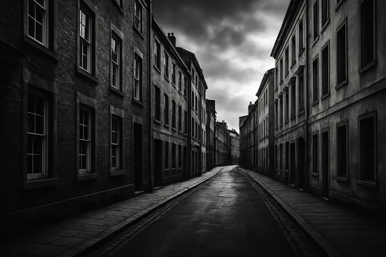 Rue déserte avec immeubles anciens en noir et blanc, lumière dramatique