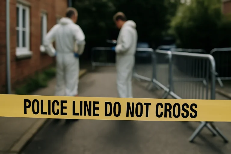 Scène de crime avec ruban de police et enquêteurs en arrière-plan.