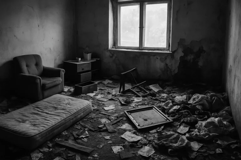 Espace encombré après un squat, objets éparpillés, ambiance dramatique