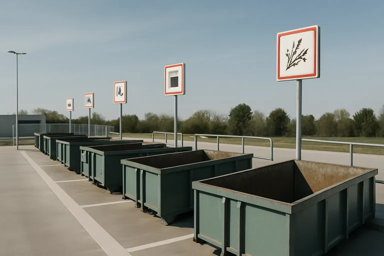 Déchetterie avec bennes alignées, panneaux visibles, sous un ciel dégagé.
