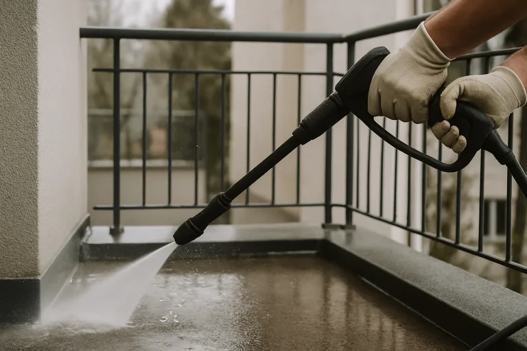 Des mains gantées nettoient un balcon avec un nettoyeur haute pression.