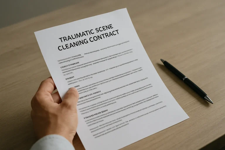 Main tenant un contrat de nettoyage de scène traumatique avec stylo à côté