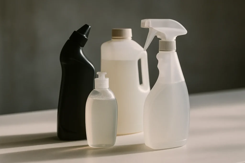 Flacons et bouteilles de produits de nettoyage spécialisés sur une table