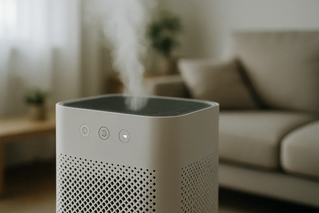 Gros plan d'un purificateur d'air en fonctionnement, boutons visibles, arrière-plan flou