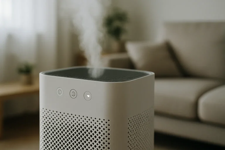 Gros plan d'un purificateur d'air en fonctionnement, boutons visibles, arrière-plan flou