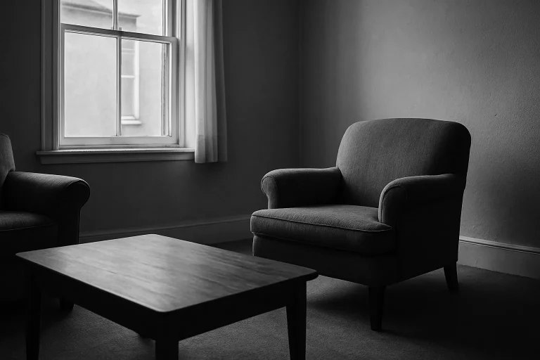 Salon vide en noir et blanc avec fauteuil et table basse, lumière douce