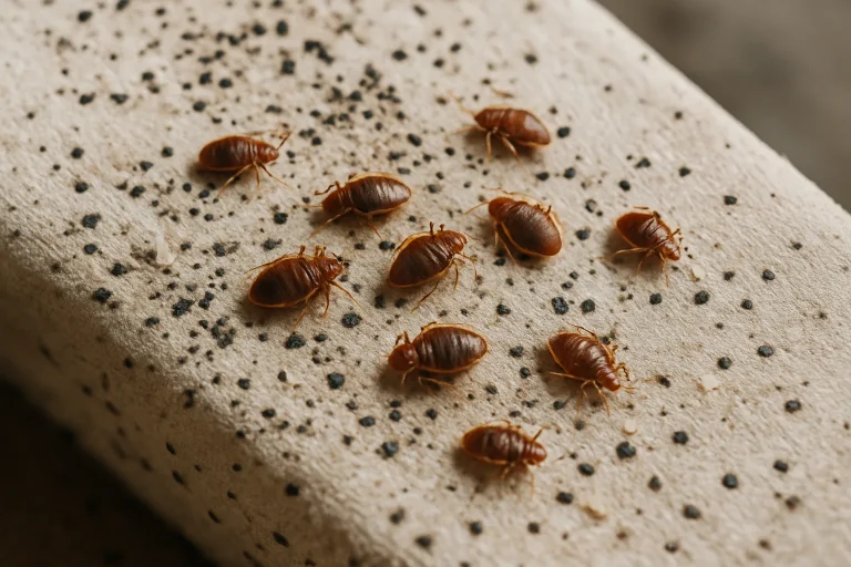 Gros plan d'une surface infestée de punaises avec des résidus visibles.