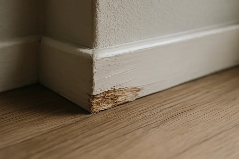 Gros plan sur une plinthe en bois rongée, signe d'infestation de rats.