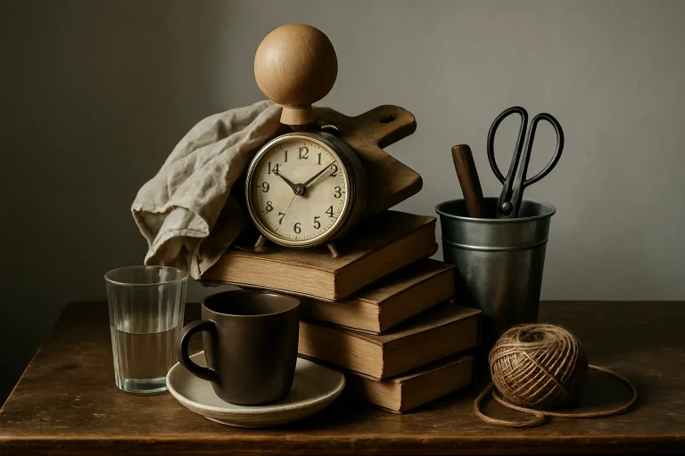 Objets variés empilés sur une table avec lumière latérale