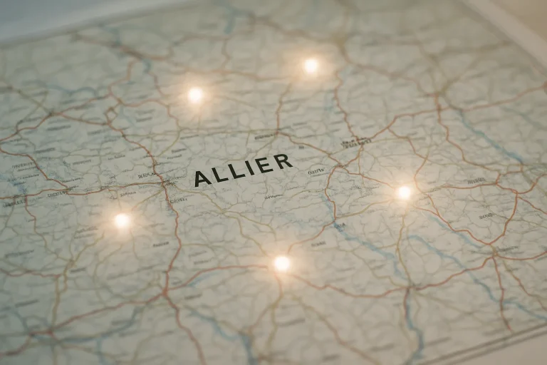 Carte de l'Allier avec des points lumineux indiquant les zones couvertes pour la désinfection urgente.