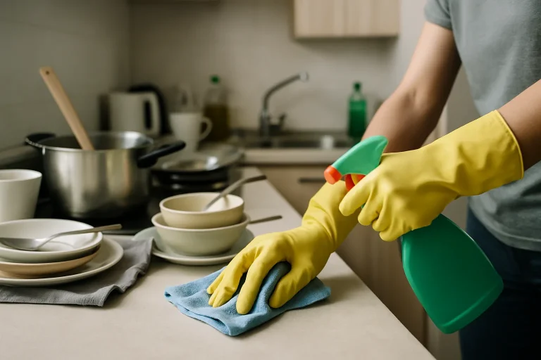 Mains gantées nettoyant une cuisine encombrée avec des outils, lumière neutre