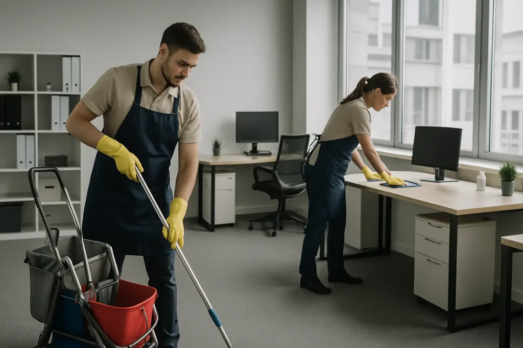 Deux personnes en uniforme nettoient un espace de bureau moderne à Vichy, avec des outils visibles.