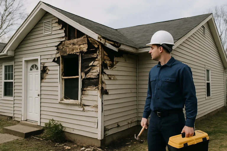 Scène d'expertise de sinistre avec un professionnel examinant une maison endommagée.