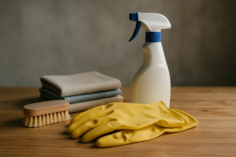 Produits de nettoyage sur table en bois, gants, vaporisateur, brosse, chiffons.