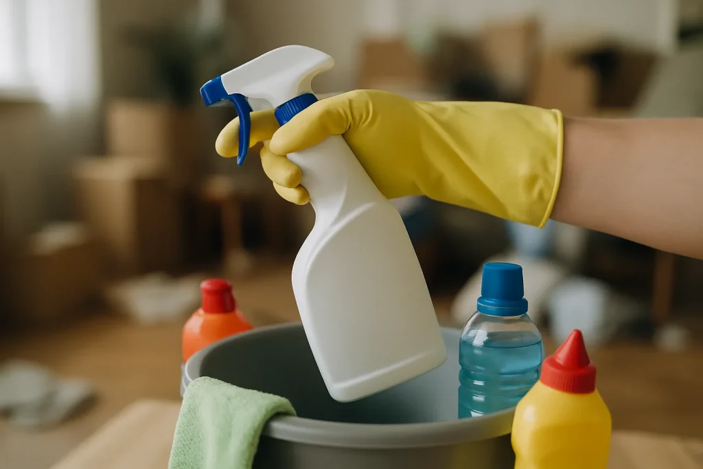 Main gantée avec vaporisateur au-dessus d'un seau de produits nettoyants.