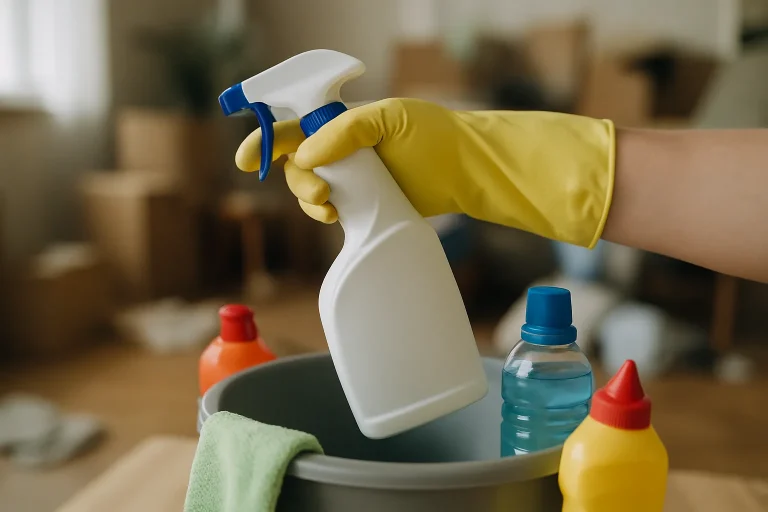 Main gantée avec vaporisateur au-dessus d'un seau de produits nettoyants.