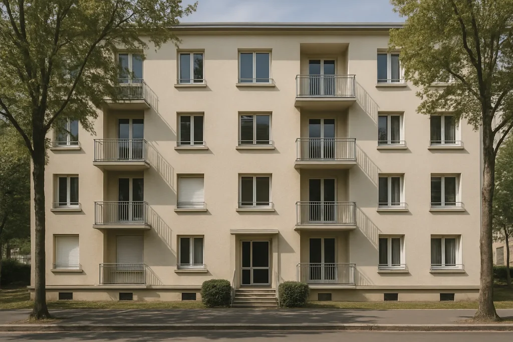 Façade d'un immeuble résidentiel à Montluçon, arborée et propre