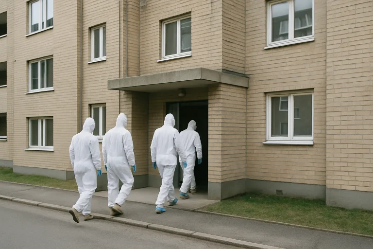 Équipe en tenue de protection entrant dans un immeuble résidentiel pour une intervention Diogène.