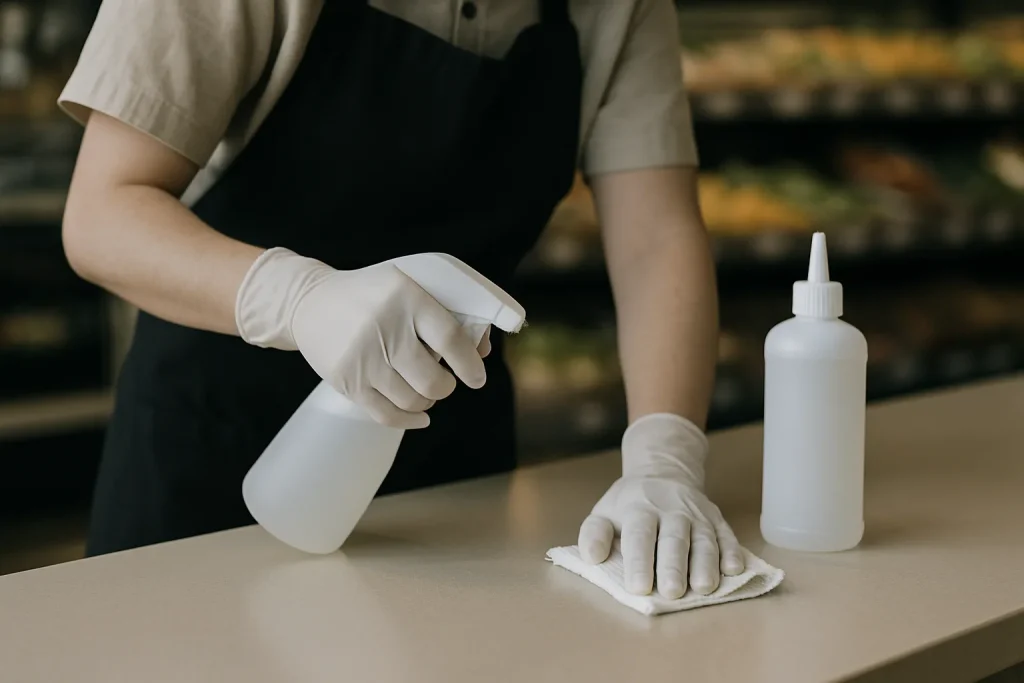 Mains en gants désinfectent un comptoir de commerce alimentaire, outils visibles