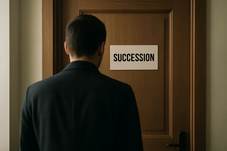 Silhouette de dos devant une porte fermée avec une étiquette 'succession' visible.